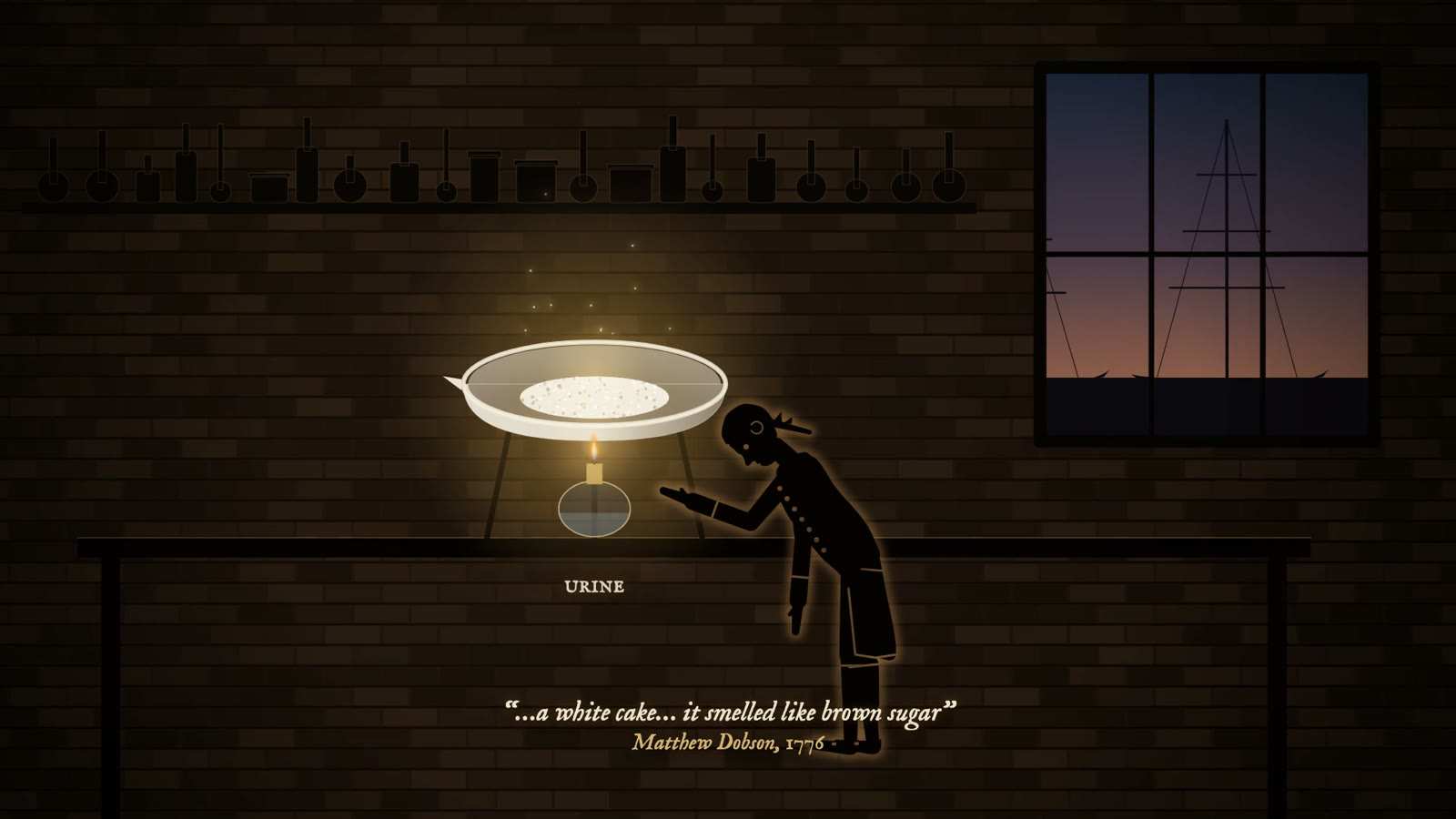 Figure leans over a dish of urine heated by a candle in a brick-walled room with bottles on a shelf, captioned a white cake, it smelled like brown sugar.