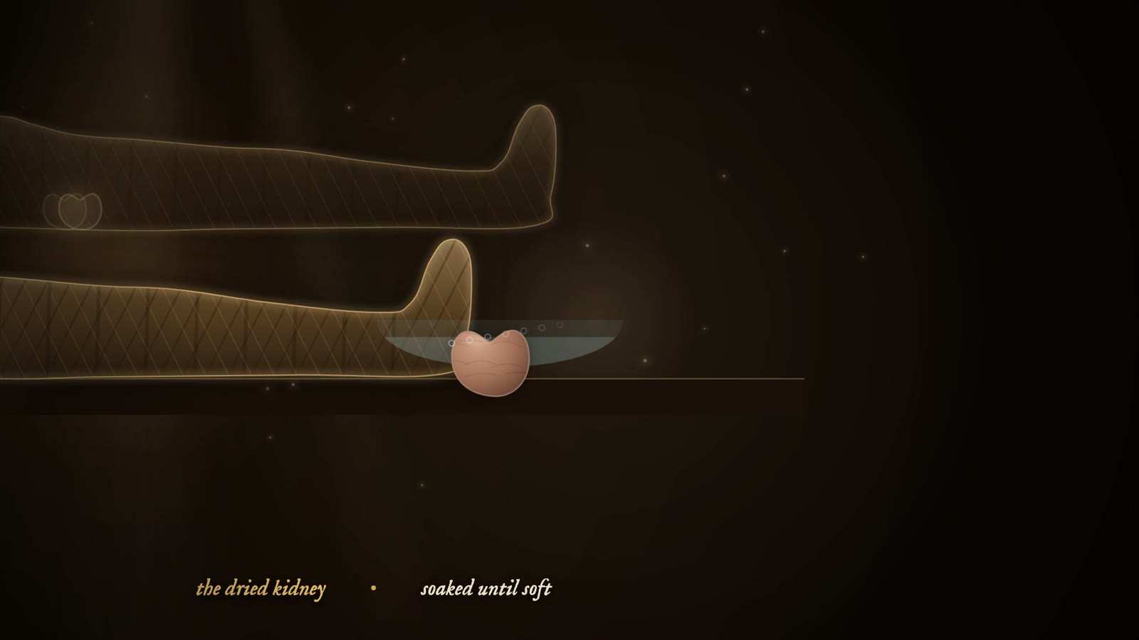 Outlines of two bandaged mummified legs, with a dried kidney soaking in a shallow dish below, captioned the dried kidney and soaked until soft.