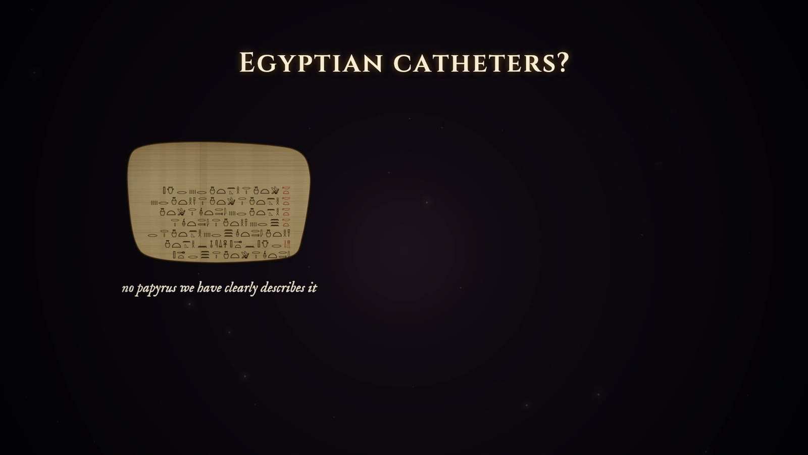 Heading Egyptian catheters? above a small papyrus fragment of hieroglyphs, captioned no papyrus we have clearly describes it, on a dark ground.