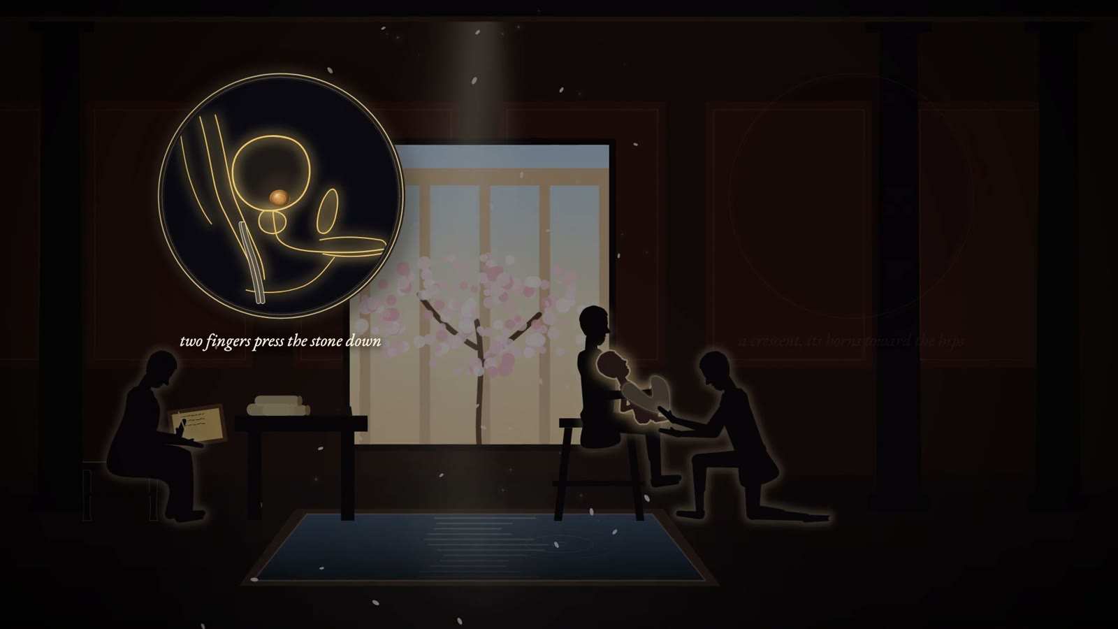 Roman room with a blossoming tree: an assistant holds a boy for a kneeling surgeon, a scribe writes, and an inset reads two fingers press the stone down.