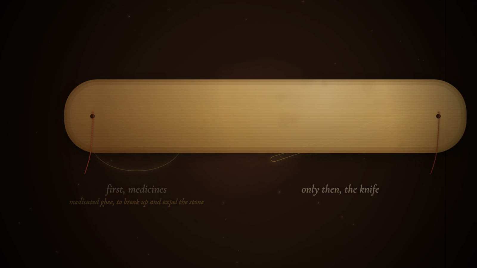 Wide palm-leaf strip tied with red cord, with captions first, medicines, medicated ghee to break up and expel the stone, and only then, the knife.
