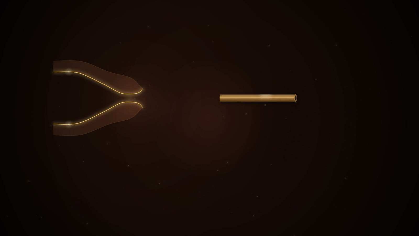A single gold hollow tube at the right and a glowing gold outline of two curved, tapering walls at the left, on a dark background.