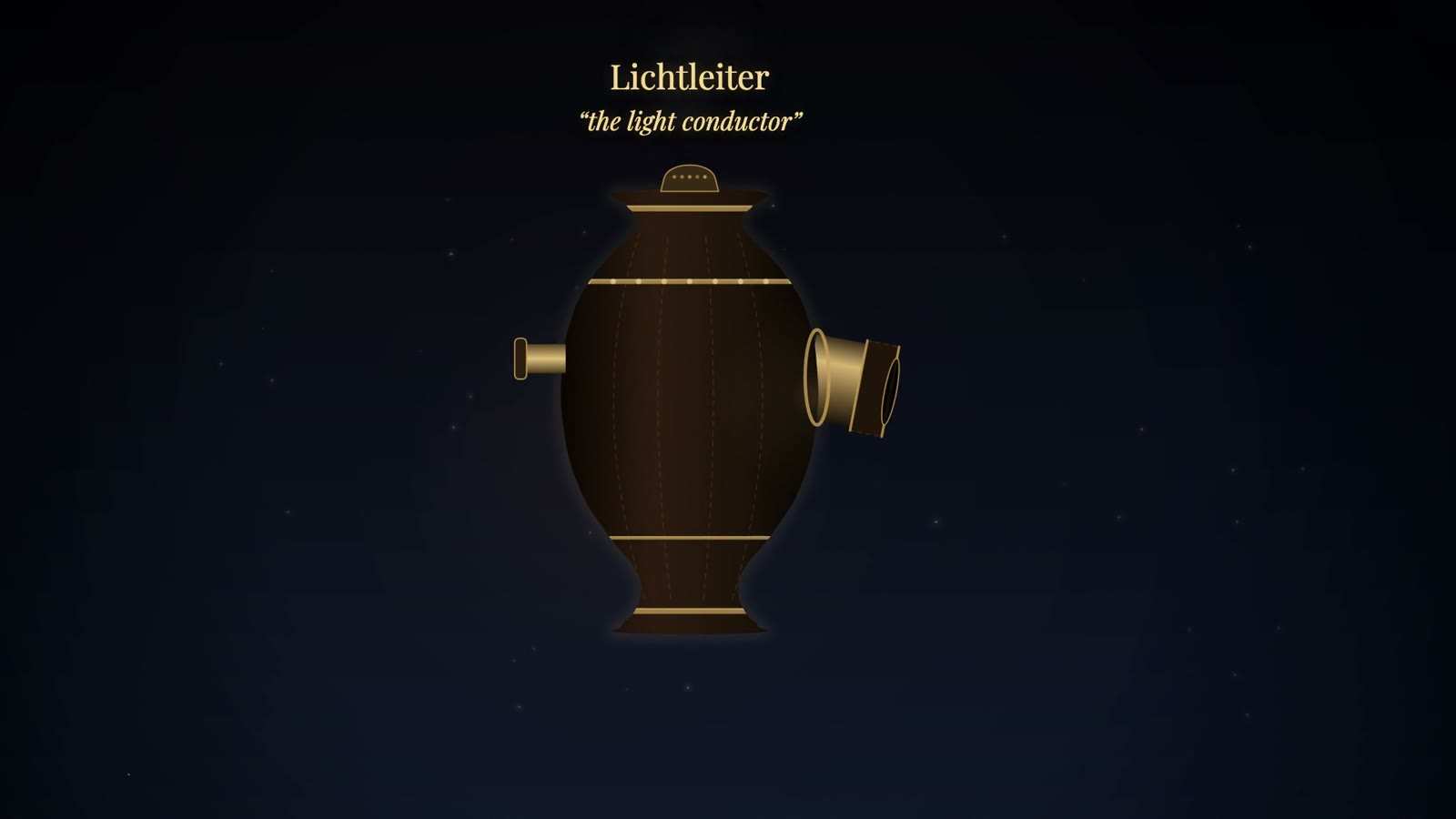 Vase-shaped brass-banded lamp with a short tube on each side, titled Lichtleiter, the light conductor, on a dark starry ground.