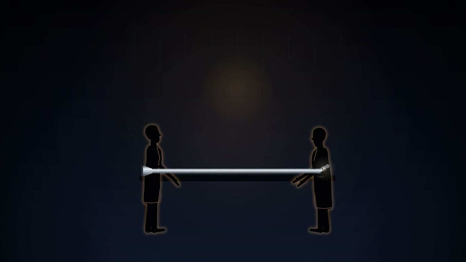 Two silhouetted men face each other holding a long, slim metal shaft between them, flared at the left end and with a small jointed tip at the right.