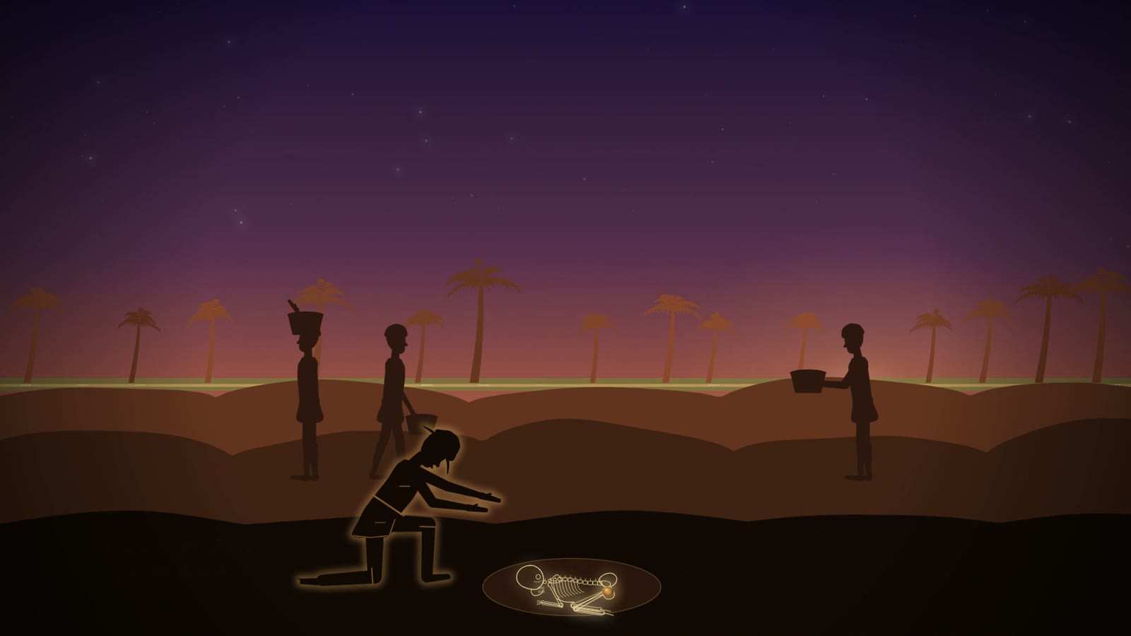 Silhouetted anatomist in a pith helmet kneels by a shallow oval grave holding a curled skeleton with an amber stone in its pelvis, workmen with baskets behind.