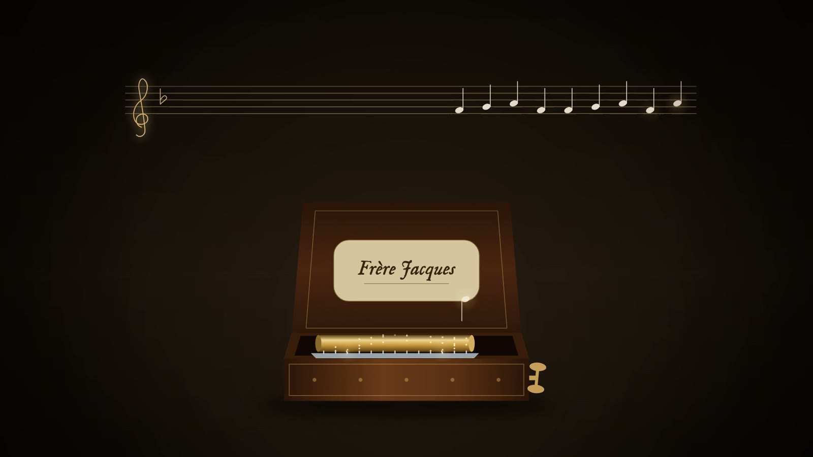 Wooden music box with a gold cylinder and a label reading Frère Jacques, beneath a treble-clef staff with a row of notes.