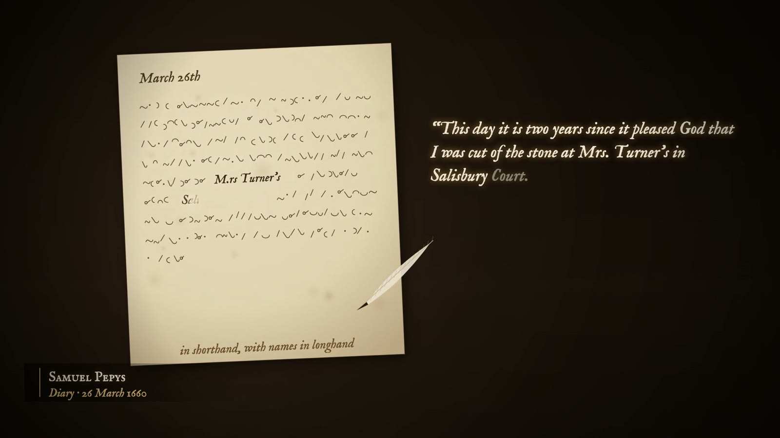 Samuel Pepys's diary page for 26 March 1660 in shorthand, with the line This day it is two years since it pleased God that I was cut of the stone.
