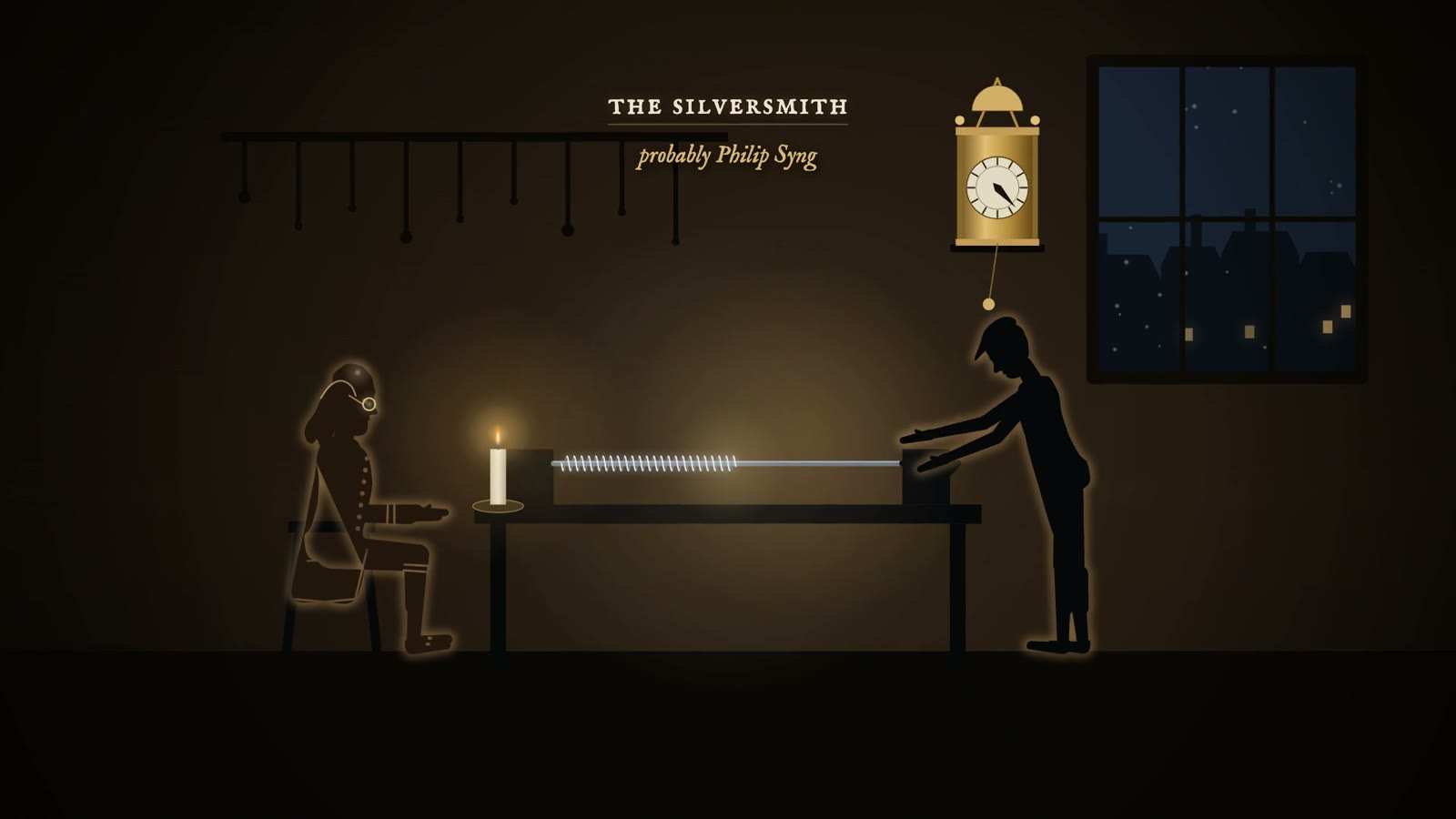 Silversmith at a bench winds a silver wire spiral tube by candlelight while a seated man in spectacles waits, under a wall clock, captioned The Silversmith.