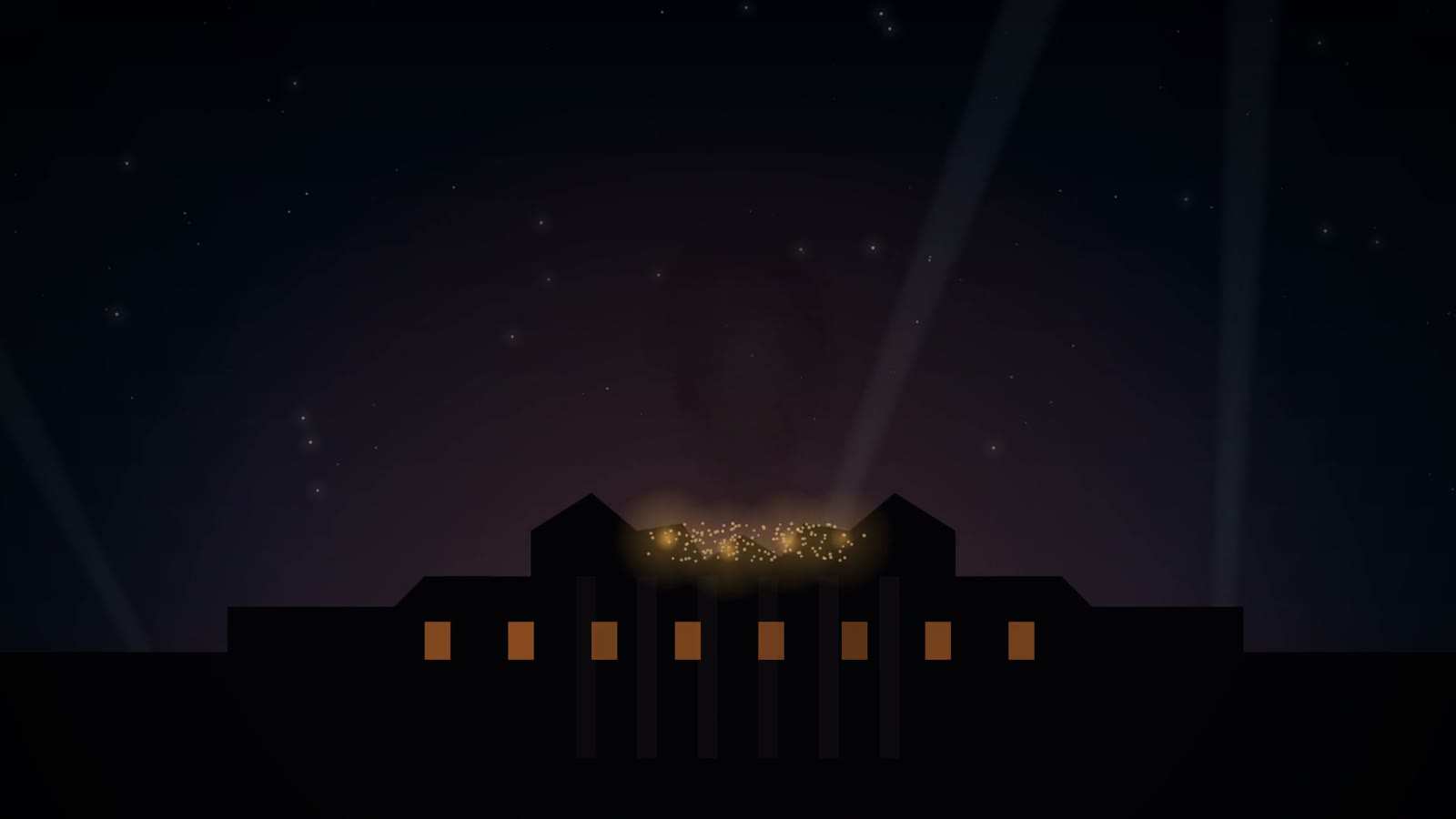 Silhouetted building at night under searchlight beams and stars, with golden particles rising from a gap in its roof.