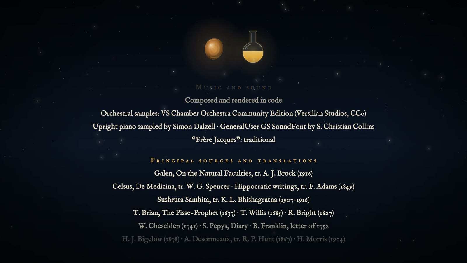 End credits on a starry ground beneath an amber stone and glass flask, listing music and sound credits and principal sources and translations.